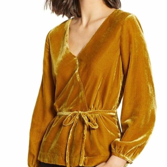 J. Crew Mustard Yellow Velvet V-Neck Blouse Top Women's Size 4 - Picture 1 of 8